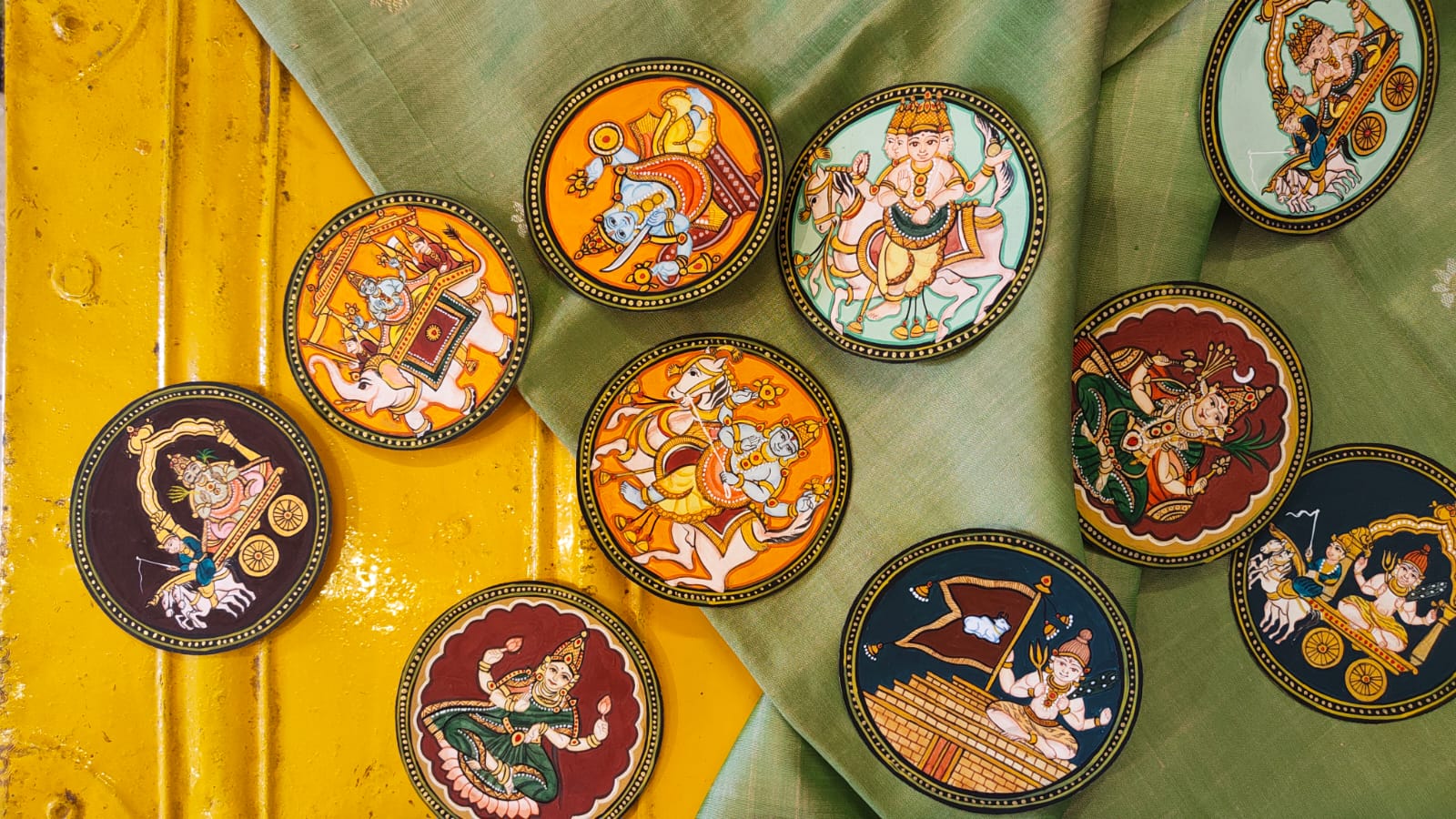 Close-up of hand-painted Ganjifa cards
